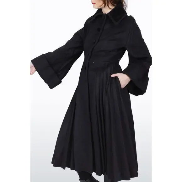 Vintage 50's Black Wool Fitted Princess Coat w/ Huge Pleated Sleeves Lilli Ann M